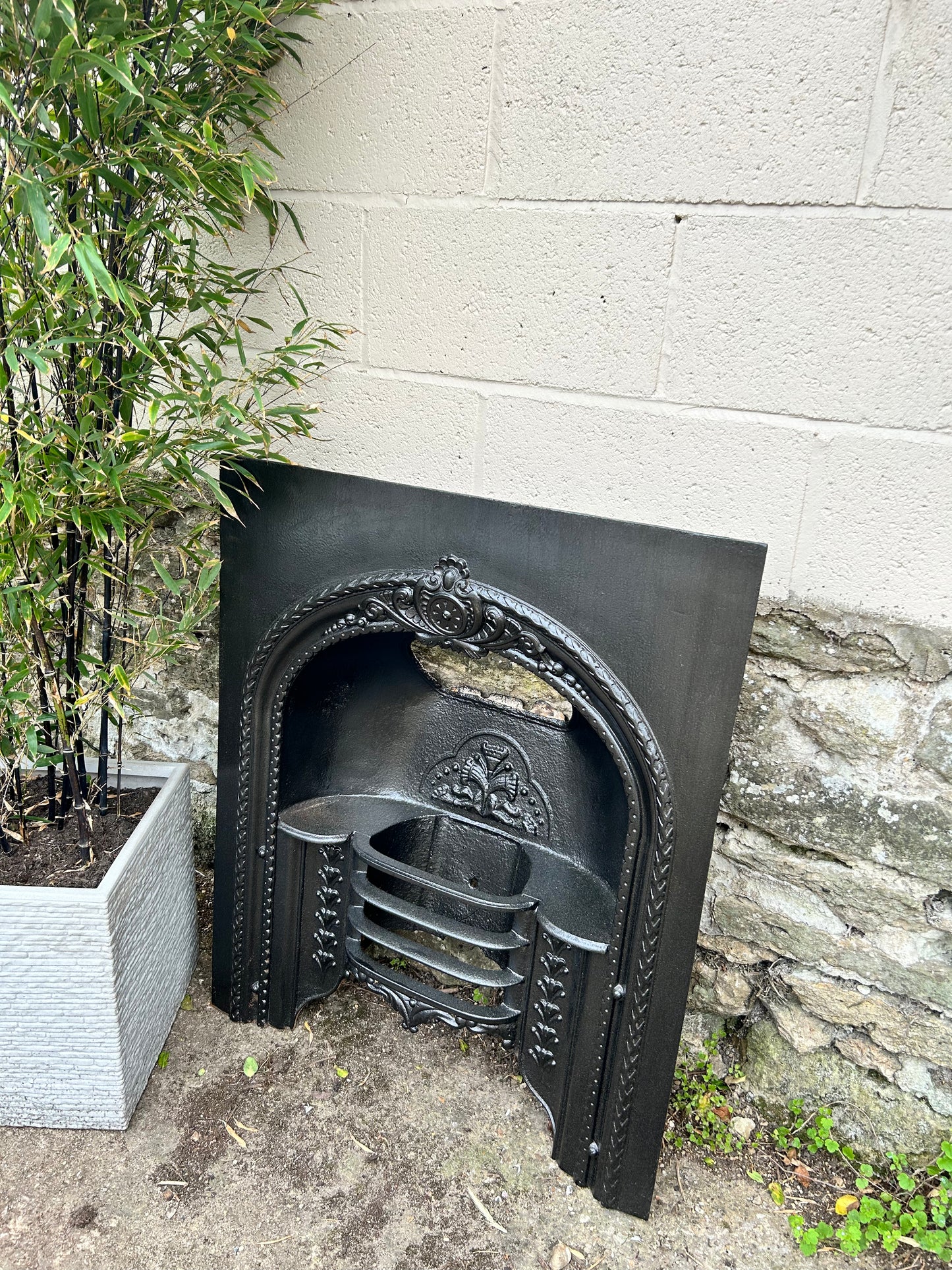 Cast iron fireplace insert against a stone wall with plants in the background